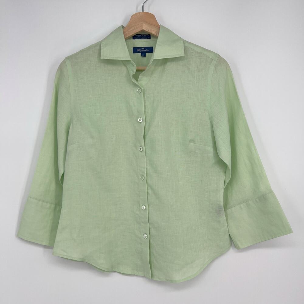 Vtg Faconnable 100% Linen Button Blouse Top Womens XS Pastel Green 3/4 Sleeve